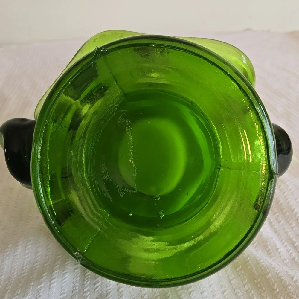 MCM 1960 Emerald Green and White Handblown Glass Basket Candy Dish Bohemian Form